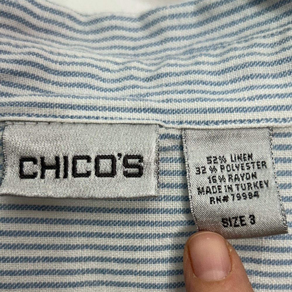 Chico's Shirt Button Up Light Blue Striped Pearl Linen Blend Lagenlook Size 3 - Picture 5 of 7
